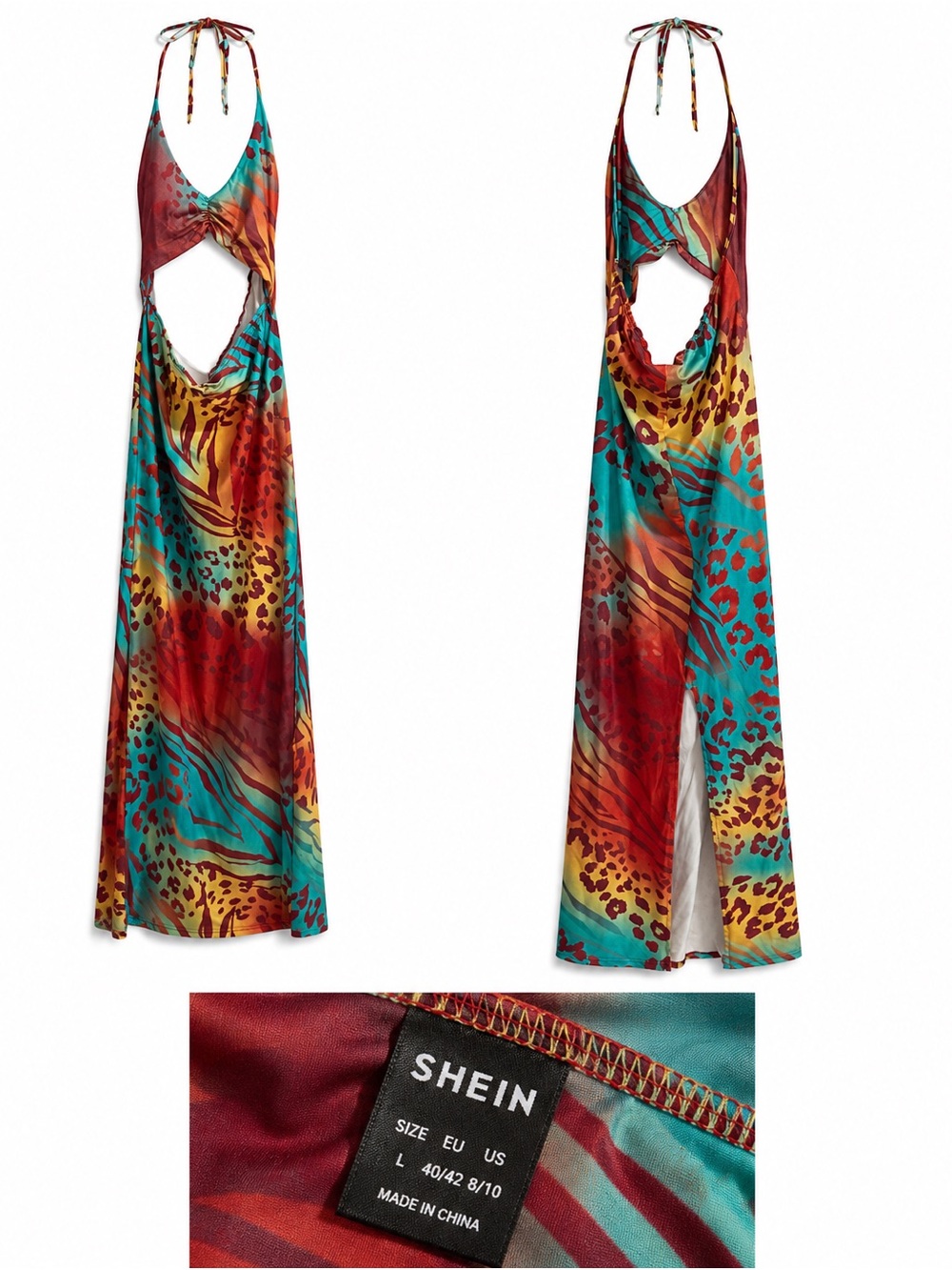 SHEIN Multicolor Tropical Animal Print Cutout Halter Maxi Dress